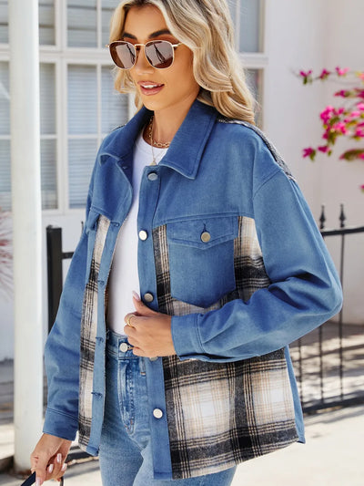 Plaid Denim Jacket - Button-Up Long Sleeve Outerwear - Fashions Envy