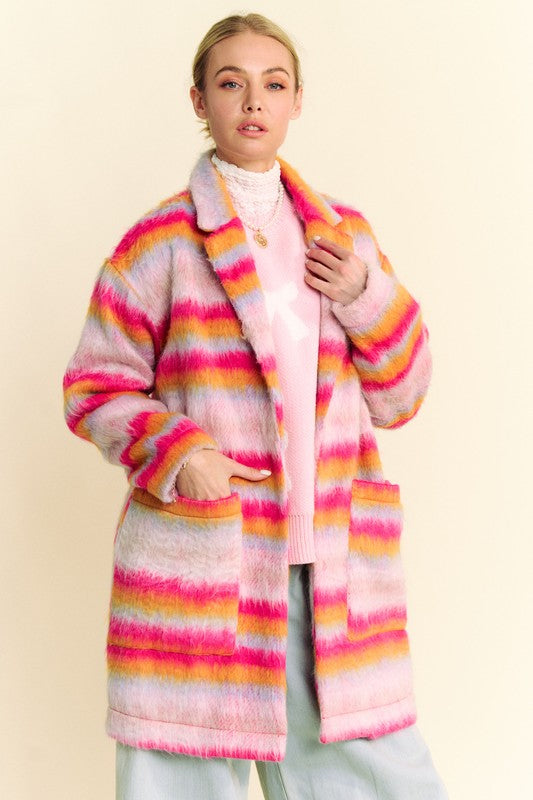 Pink Orange Contrast Striped Open Front Coat with Pockets