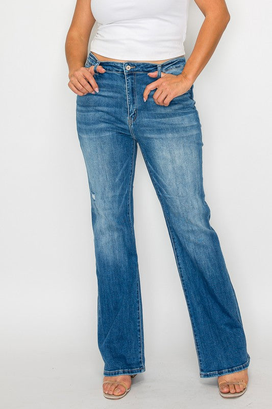 Medium Blue Full Size Distressed High Rise Jeans with Pockets