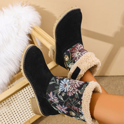 Embroidered Snow Boots - Ethnic Platform Square Heel