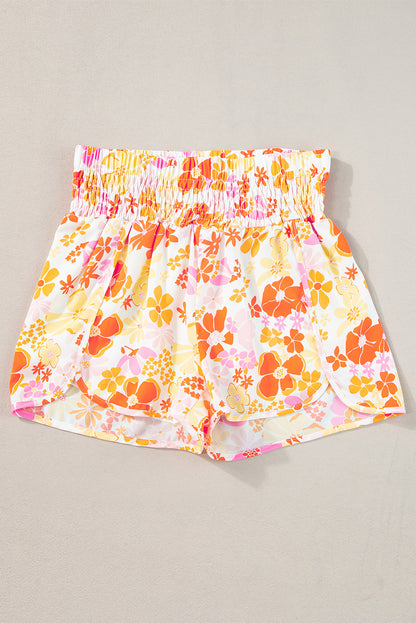 Pink Boho Floral Shirred High Waist Casual Shorts