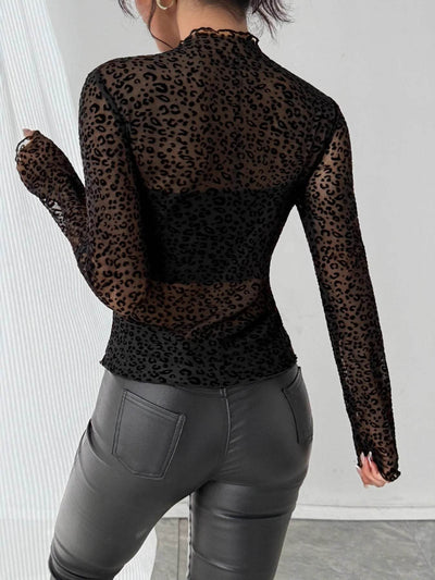 Leopard Print Mesh Long Sleeve T-Shirt - Sheer Animal Print Top - Fashions Envy