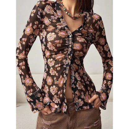Long Sleeve V Neck Ruched Button Down Floral Shirt