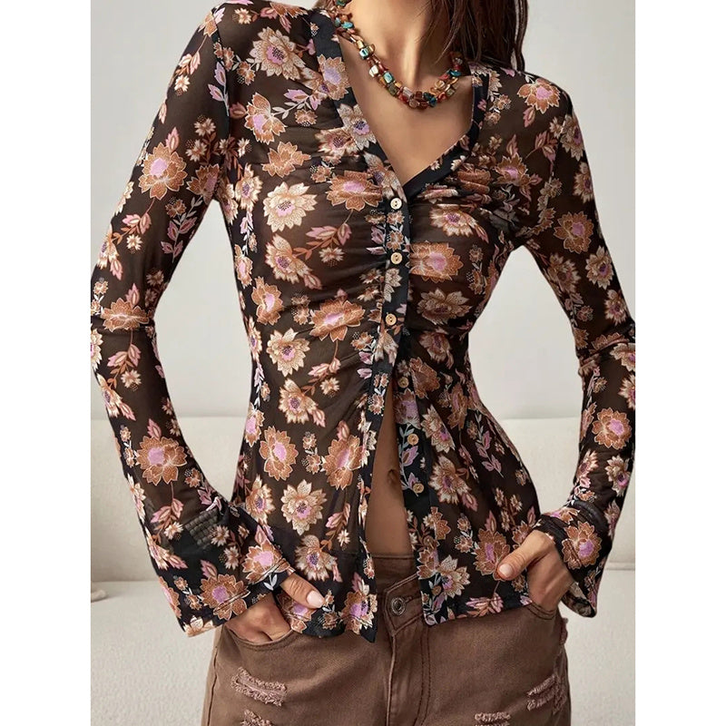 Long Sleeve V Neck Ruched Button Down Floral Shirt