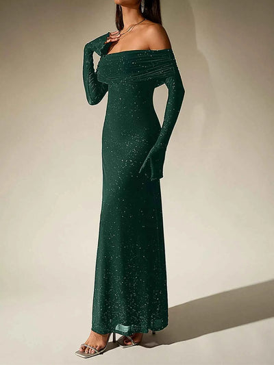 Glitter Off-Shoulder Maxi Dress