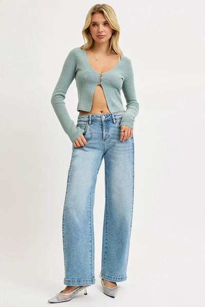 RISEN Mid Rise Wide Barrel Transferable Leg Snap Jeans - Fashions Envy