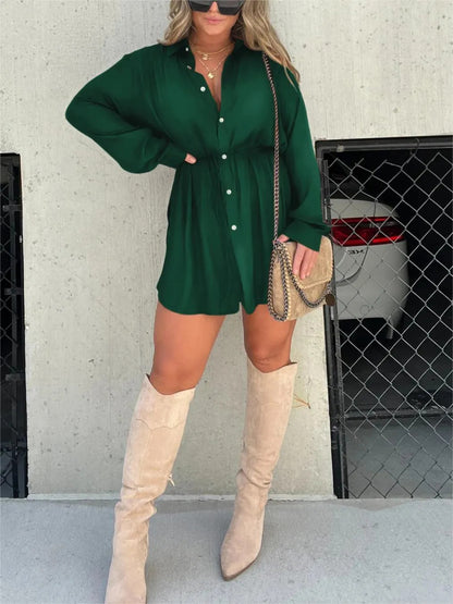 Mini Shirt Dress - Long Sleeve Button Up Style