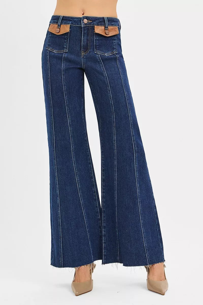 RISEN Wide Flare Jeans - High Rise Leather Pocket Detail - Fashions Envy