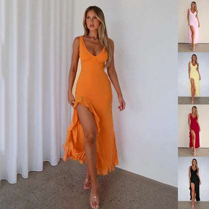 Ruffles Split Halter Dress - V-Neck Evening Party Dress