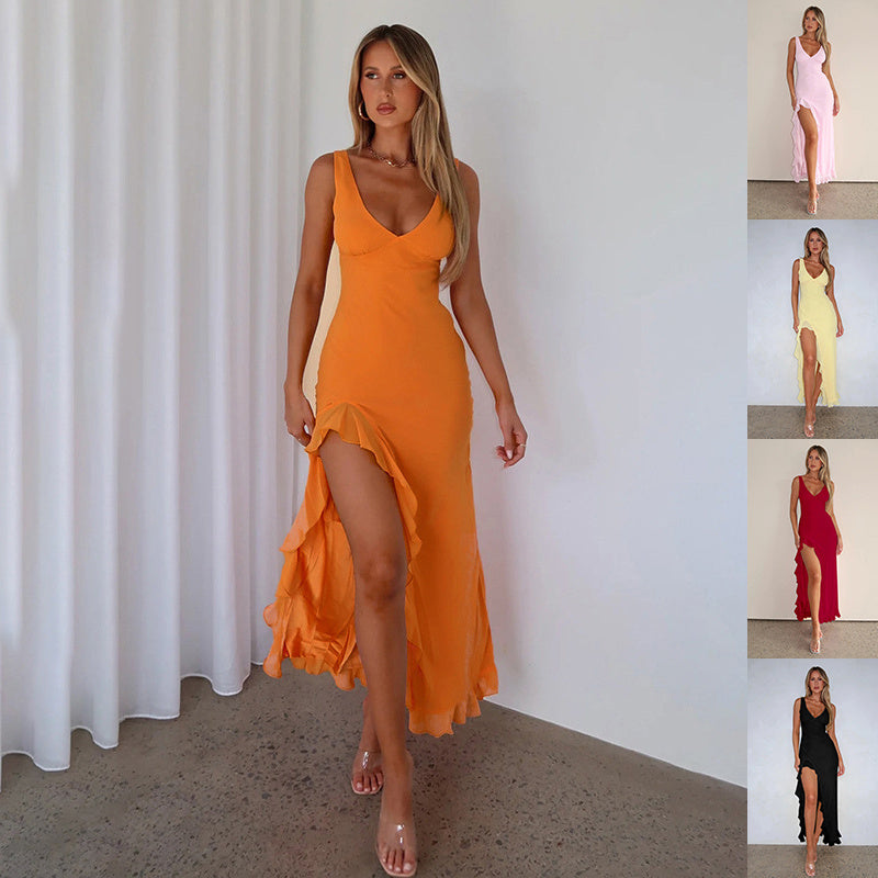 Ruffles Split Halter Dress - V-Neck Evening Party Dress