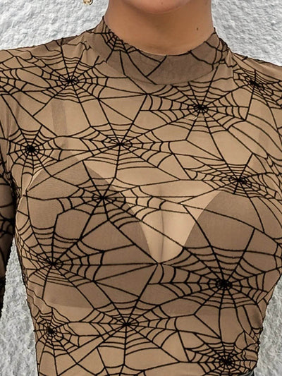 Spider Web Print Long Sleeve Blouse - Sheer Mesh Halloween Top - Fashions Envy