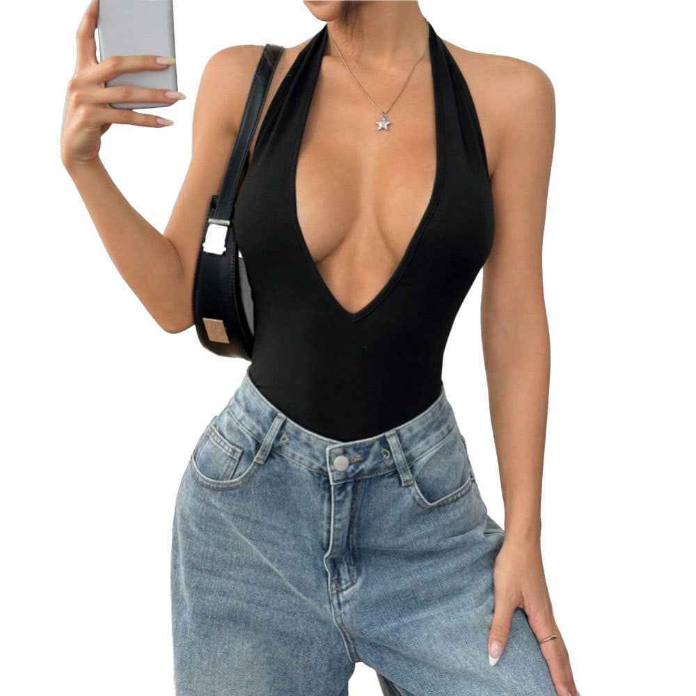 Halter Bodysuit - Backless Deep V-Neck Style - Fashions Envy