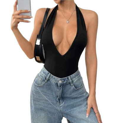 Halter Bodysuit - Backless Deep V-Neck Style - Fashions Envy