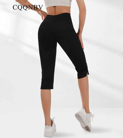 Women's High-waisted, Elastic, Waist-cinching, Tight-fitting Caprix Pants With Slit Buttons At The Hem For A Slimming Look. Wear This Sporty Mid-length Pants Over It
