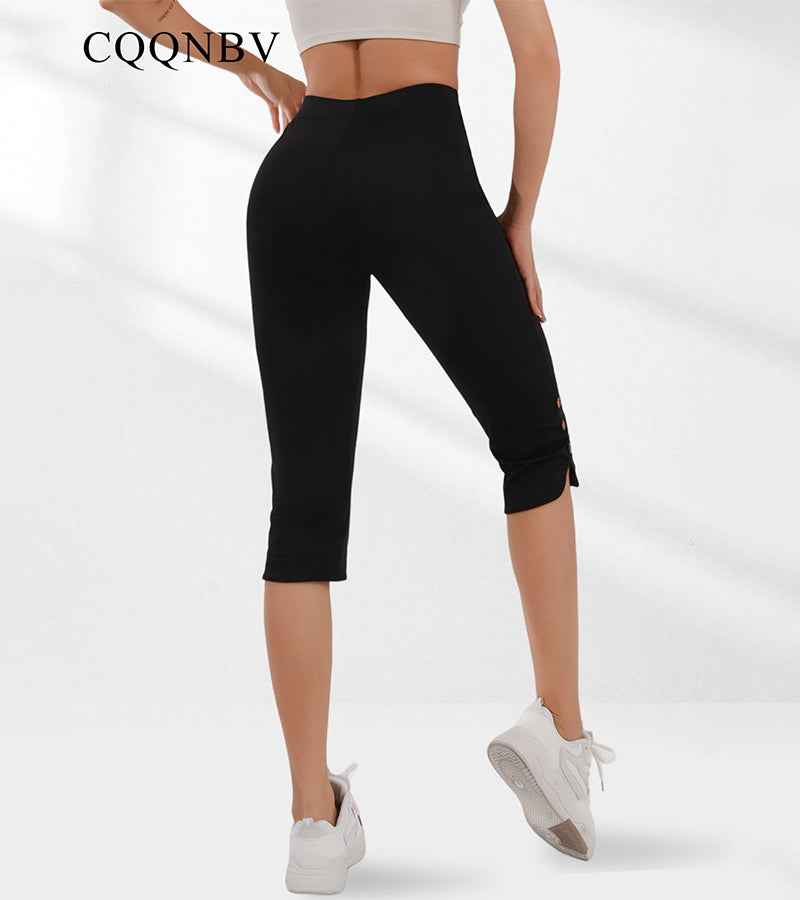 Women's High-waisted, Elastic, Waist-cinching, Tight-fitting Caprix Pants With Slit Buttons At The Hem For A Slimming Look. Wear This Sporty Mid-length Pants Over It