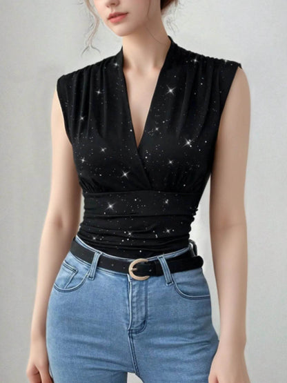 Surplice Sleeveless Slim Blouse - Elegant Wrap Style Top - Fashions Envy