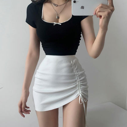 High Waist Knit Skirt - Ribbed Stretch Bodycon Mini