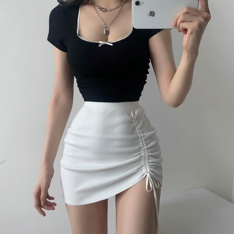 High Waist Knit Skirt - Ribbed Stretch Bodycon Mini