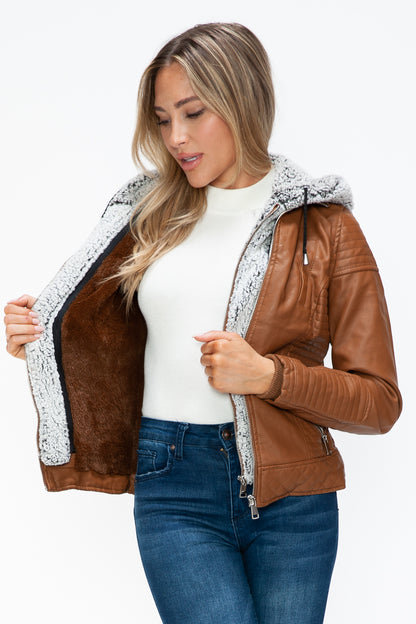 Camel Faux Layered Double-Zipper Jacket with Fuzzy Hood