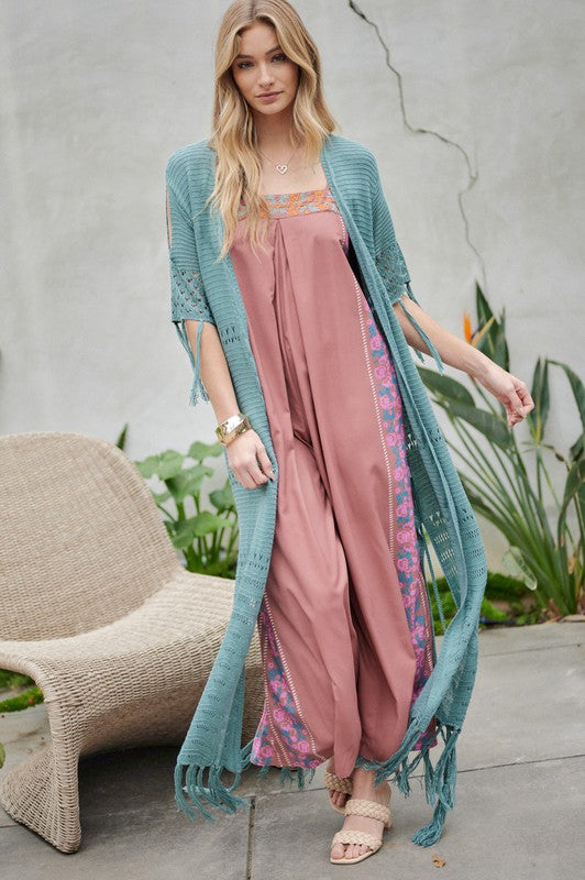 Solid 3/4 Sleeve Long Cardigan With Fringe