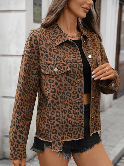 Leopard Print Denim Jacket - Raw Hem Statement Outerwear - Fashions Envy