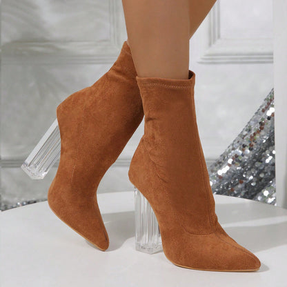Crystal Heel Boots - Elastic Mid-Calf Party Style