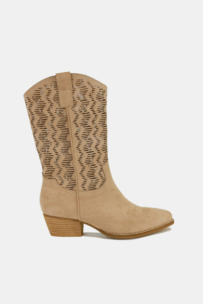 Tan Faux Suede Laser Cut Detail Block Heel Boots