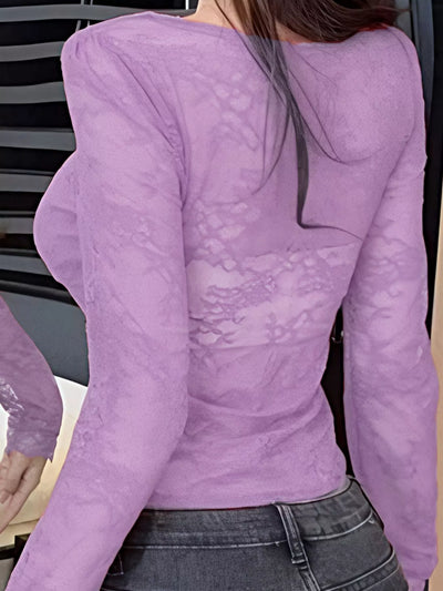 Lace Crop Top - Purple Tie-Front Long Sleeve - Fashions Envy