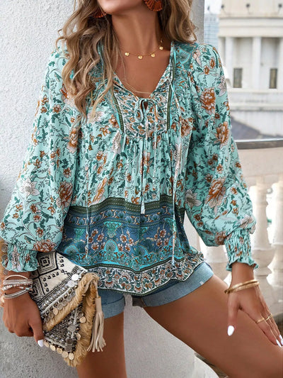Bohemian Blouse - Floral Print Tie Neck - Fashions Envy