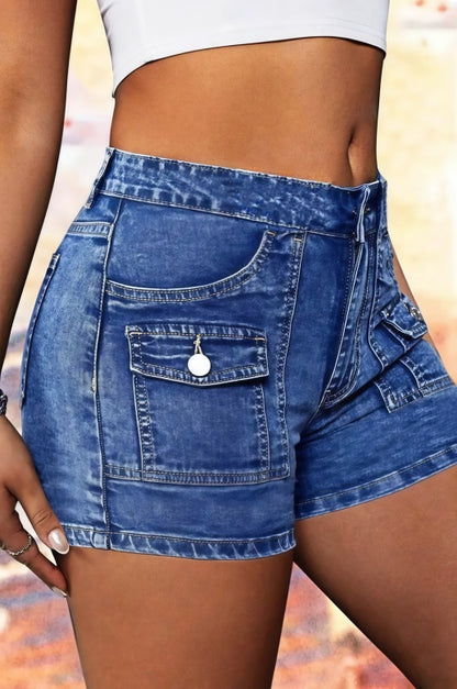 Trendsi high-waist wide-leg denim shorts with cargo pockets faded blue wash casual summer style