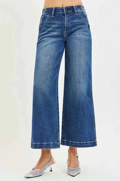 RISEN High Rise Wide Leg Jeans - Dark Wash Button Detail