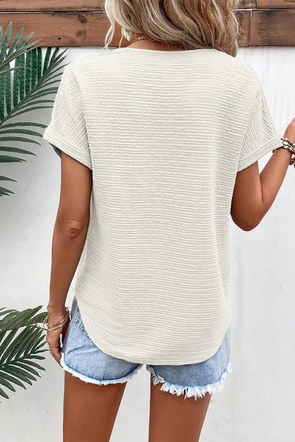 Pale Khaki Textured Wide Sleeve V Neck T-Shirt