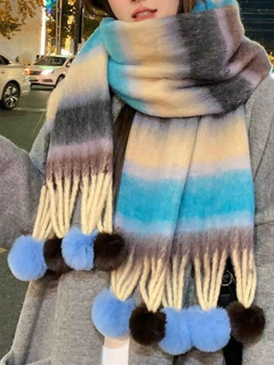 Striped Scarf with Pom-Poms