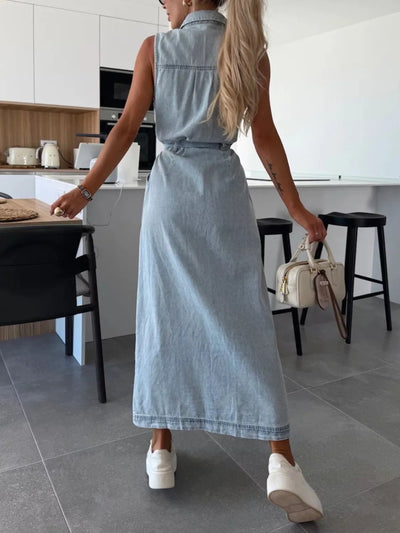 Button Front Sleeveless Denim Dress - Fashions Envy