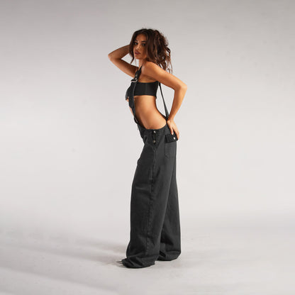 Denim Overalls - Y2K Zipper Suspender Wide Leg Jeans
