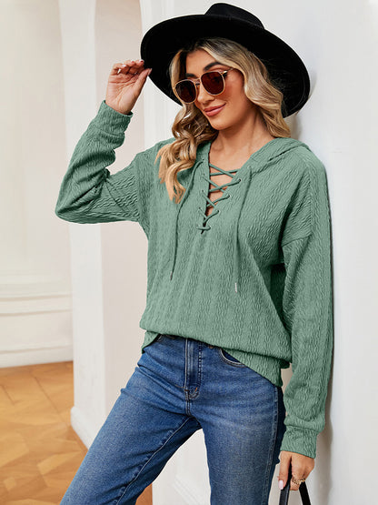 Lace-Up Long Sleeve Hoodie - Fashions Envy