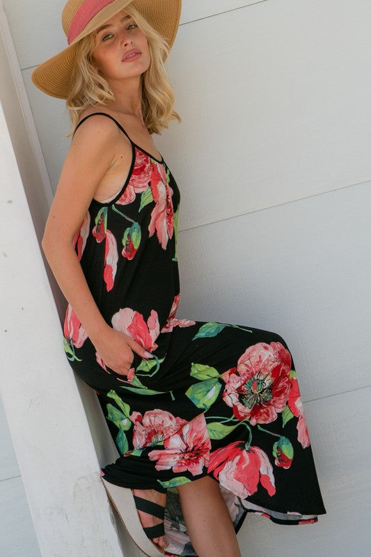 Floral Halter Round Neck Maxi Dress with Pockets