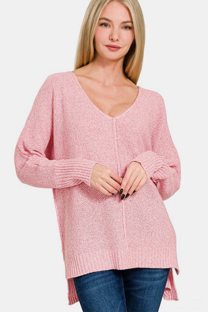 Dusty Pink High-Low Center Seam V-Neck Sweater