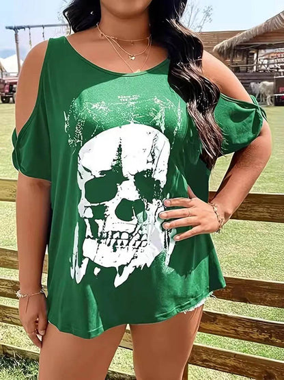 Plus Size Skeleton Graphic Round Neck Cold Shoulder T-Shirt - Halloween Top - Fashions Envy