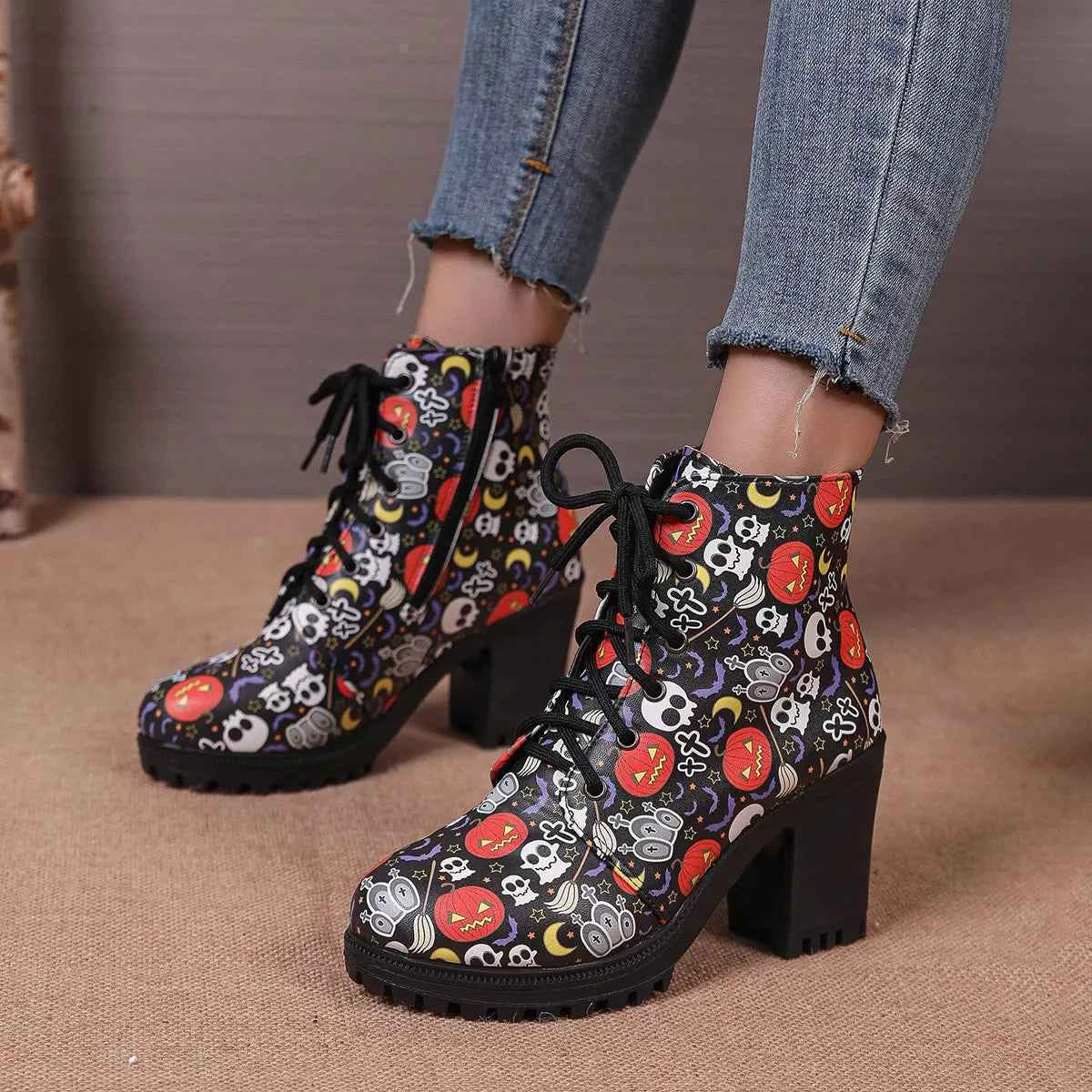 Skull Print Chunky Heel Ankle Boots