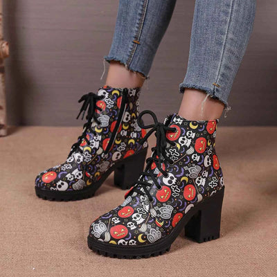 Skull Print Chunky Heel Ankle Boots