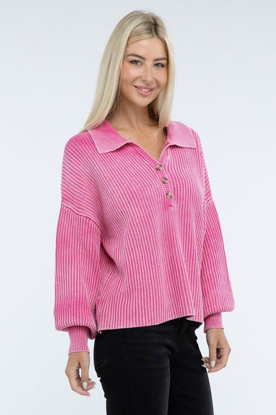 Ribbed Washed Collared Henley Sweater - Fashions Envy