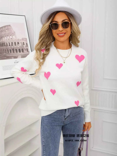 Valentine's Day Heart Print Round Neck Sweater - Fashions Envy