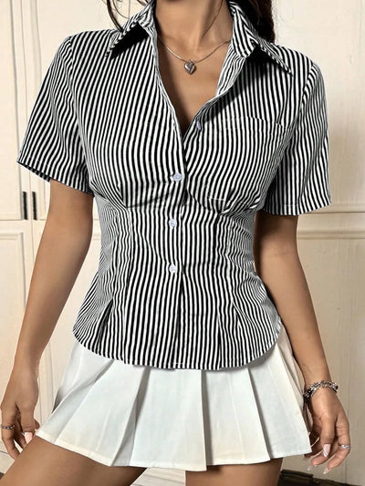 Trendsi fitted black and white vertical striped Short Sleeve Button-Up Shirt styled with white pleated skirt and heart necklace