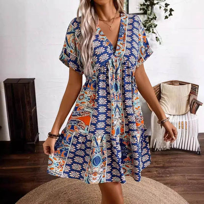Printed V-Neck Short Sleeve Dress - Ruffled Detail Summer Dress - Fashions Envy