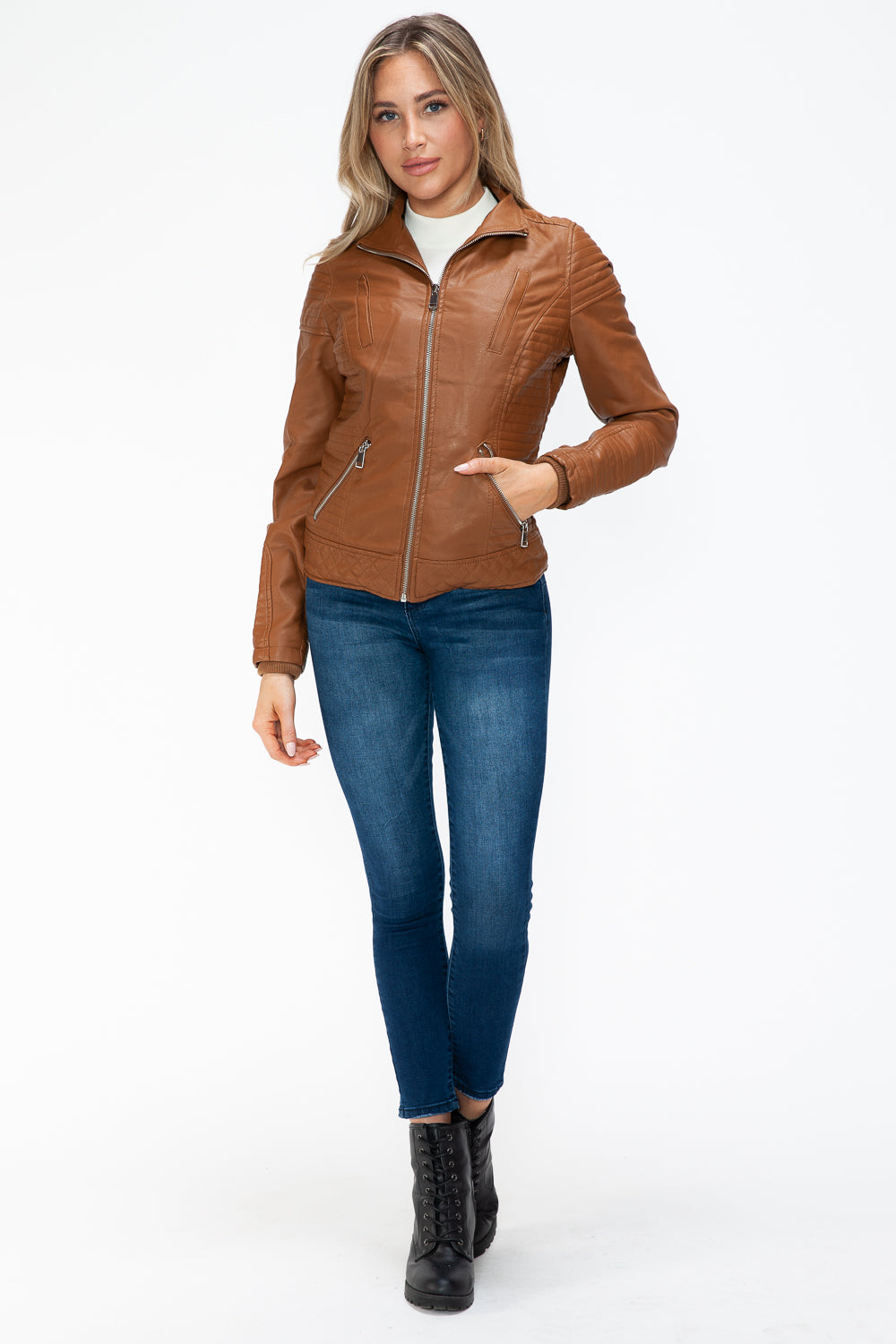 Camel Faux Layered Double-Zipper Jacket with Fuzzy Hood