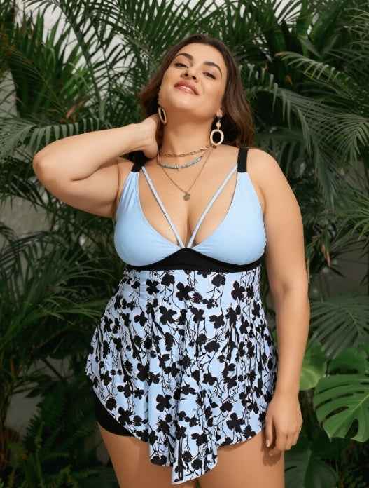 Plus Size Floral One Piece Swimsuit - Blue Tropical Print