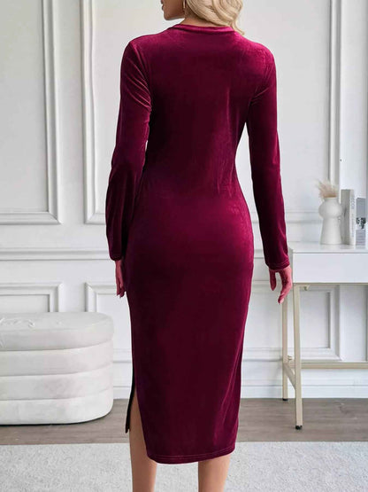 Velvet Midi Party Dress - Chic Side-Tie Style - Fashions Envy