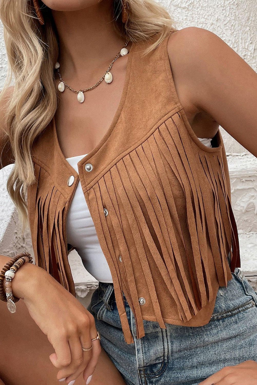 Fringe Snap Down Vest Coat