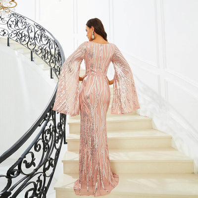 Elegant Fishtail Wedding Dress in Blush with Bell Sleeves and Intricate Beading, Perfect for Bridal Events